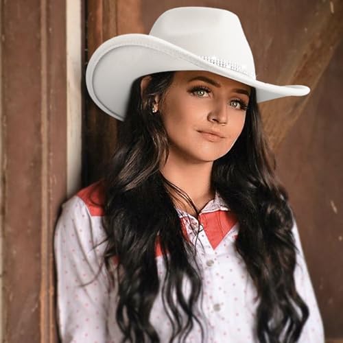 DRESHOW Glitter Cowboy Hat Classic Western Rhinestone Cowgirl Hat Outdoor Wide Brim Retro Felt Fedora Hats Rolled up Caps2