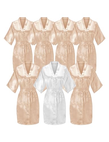 Image of EPLAZA 7Pcs Bride Bridesmaid Robe Set women satin robe Wedding Bridal Party | Soft Satin Silk, Short Sleeve, Lightweight breathable, Fits 100-150lbs, Gifts for wedding day bachelor party
