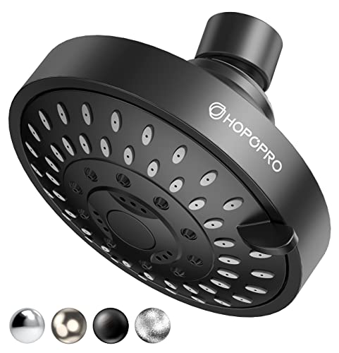 HOPOPRO 5 Modes High Pressure Shower Head 4.1 Inch High Flow Fixed Rain Showerheads Bathroom Shower Head Replacement Tool-free Installation Matte Black