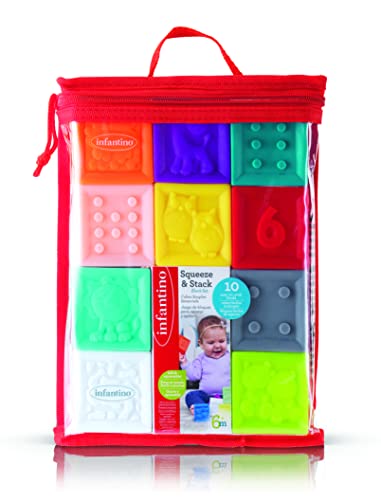 Infantino Squeeze and Stack Set de cubes - 10 cubes souples colorés et doux avec des chiffres, des animaux et des formes pour l'exploration sensorielle et les premières aptitudes à empiler