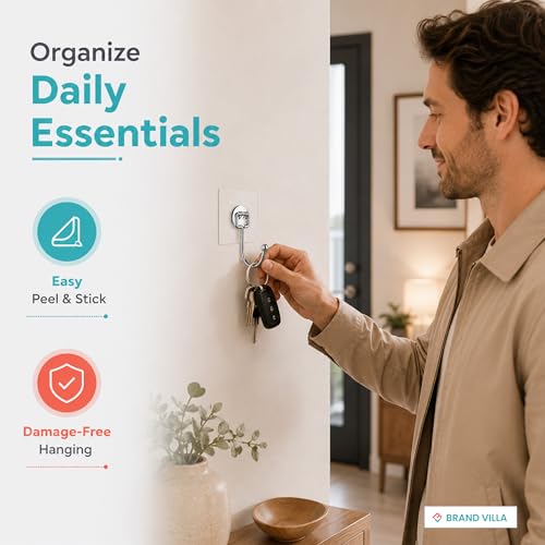 Image of BRAND VILLA Self Adhesive Wall Hooks Pack of 30 Heavy Duty Strong Sticky Waterproof No Drill Wall Hook for Bathroom Kitchen Home Keys Towels Utensils Transparent Utility Hooks