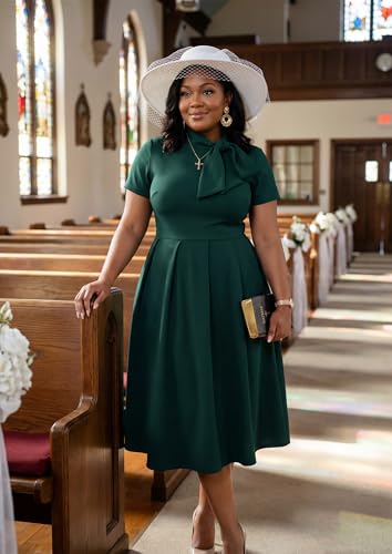 Image of FANDEE Midi Dress for Women Casual Short Sleeve A-line Semi Formal Fit and Flare Dress Classy Tie Neck Work Business Dresses