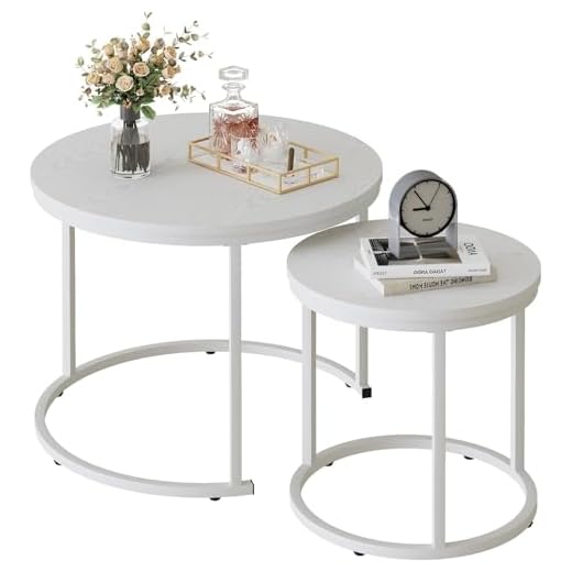 Huhote Round Coffee Tables, Set of 2 End Table, Nesting Tables, Side Table with Metal Frame for Living Room/Bedroom/Balcony/Office/Apartment, Diameter 23.6/15.7 IN (White Frame, White Top)