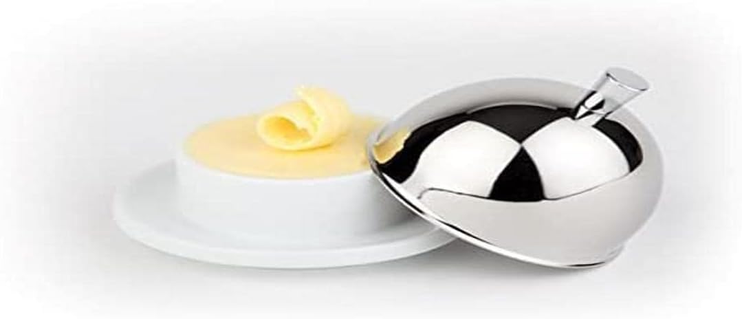 APS Butter server, butter dish with cloche, porcelain butter dish with stainless steel bonnet, high gloss polished, 9 x 9 cm, 7 cm height