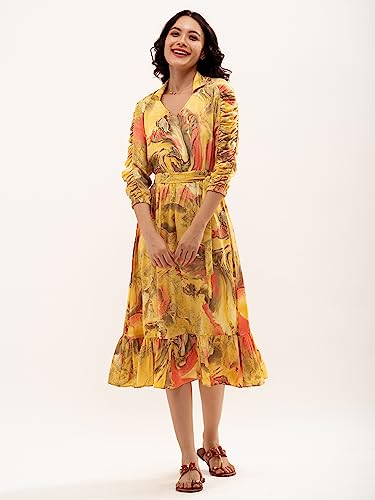 Image of AASK Abstract Printed Puff Sleeve Gathered Detailed Fit Flare Dress