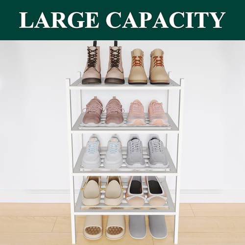 Image of Smiry Bamboo Shoe Rack, 5 Horizontal Slats, 4 Tier - 17.3 inch Wide, White