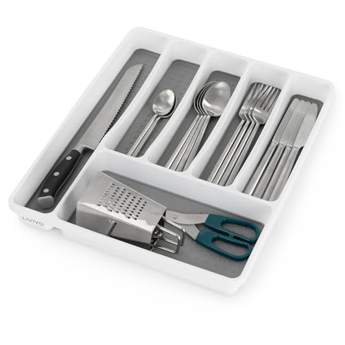 LIVIVO 6 Compartment Cutlery Tray – Grey & White Kitchen Drawer Organiser for Knives, Forks, Spoons, Utensils – BPA-Free Plastic Drawer Divider with Anti-Slip Base – Durable & Easy to Clean LIVIVO 6 Compartment Cutlery Tray – Grey & White Kitchen Drawer Organiser for Knives, Forks, Spoons, Utensils – BPA-Free Plastic Drawer Divider with Anti-Slip Base – Durable & Easy to Clean