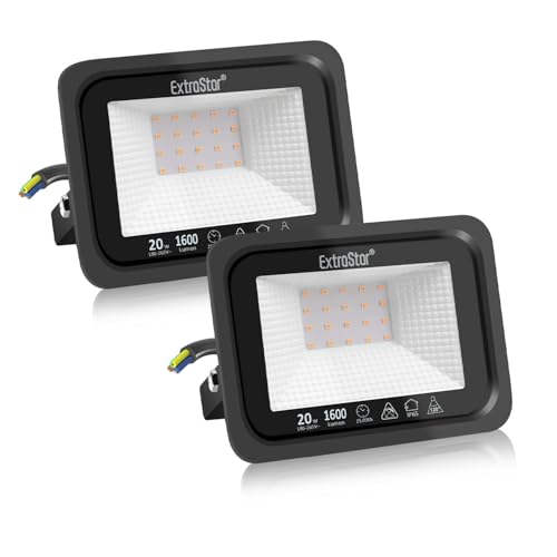 EXTRASTAR Focos Luces LED Exterior 20W, Impermeable IP65, Luz Cálida 3000K, 1600lm, para Puertas, Terraza, Jardín, Patio, Parque, Garaje, 2 pcs, Negro