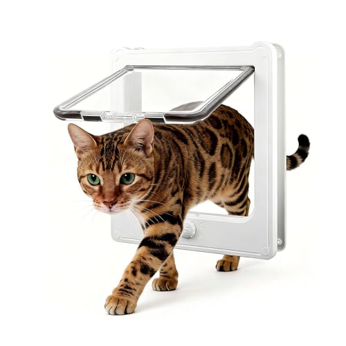 NAMSAN Katzenklappe Katzentür mit 4 Wege Katzenklappe Große Katzen 27.5 x 23.5 cm Katzenklappe für Innentür Winddicht Leise Katzentür für Katzen/Welpen, Weiss