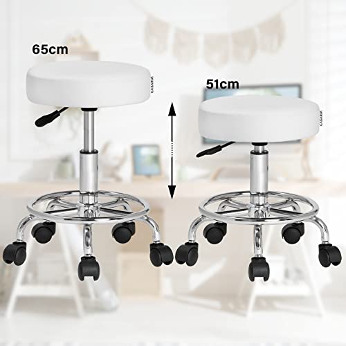 Foto von Casaria Rollhocker Höhenverstellbar 10cm Polsterung 360°C Drehbar 51-65cm Sitzhöhe Fußstütze Küche Büro Arbeitshocker Bürohocker Drehhocker Hocker Weiß