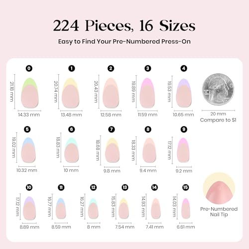 Image of Beetles French Tip Press On Nails-224 Pcs 7 Colors, Short Almond Classic Fake Nail Tips, Pastel Romance Macaron Soft Nails Gel False Nails Art DIY For Women