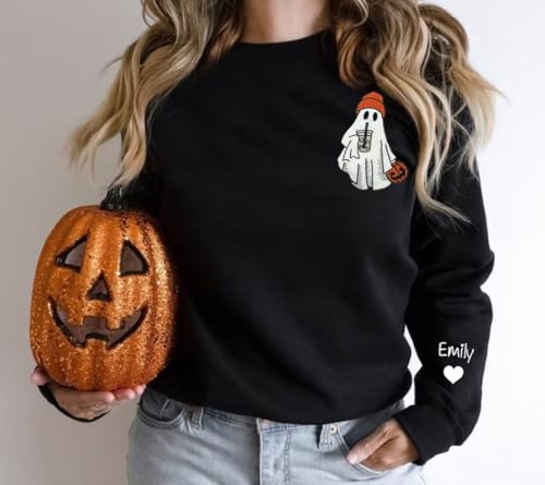 NAZENTI Embroidered Ghost Halloween Sweatshirt, Halloween Embroidered Sweatshirt, Halloween Sweatshirts for Women4