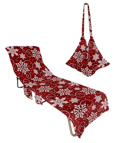 Red Christmas Snowflake Beach Lounge Chair Towel Cover, Soft Chaise Lounge Towel with Side Pockets Patio Pool Chairs Cover for Beach/Pool Sunbathing 29x85 White Winter Snowflake Xmas