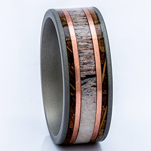 Pch Jewelers Men's Titanium, Koa Wood, Copper And Antler Ring, 9Mm Wide Comfort Fit Wedding Band (10) #TOP2