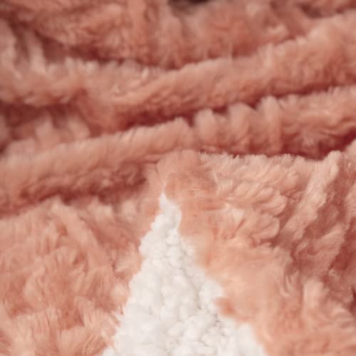 Dada Bedding Coral Pastel Peach Rose Faux Fur Throw Blanket - Dreamy Geometric Embossed Sherpa Backside - Super Soft Warm Cozy Plush Fluffy - 63" X 90" #TOP5
