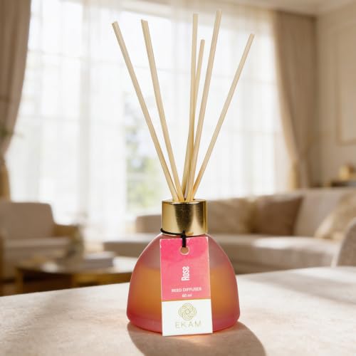 Image of Ekam Frosted Glass 60ml Rose Reed Diffuser Set | Free 6 Fiber Reed Sticks | Stress Relief & Aromatherapy | Long-Lasting Home Fragrance (Up to 60 Days) | Air Freshener for Room, Bedroom & Bathroom