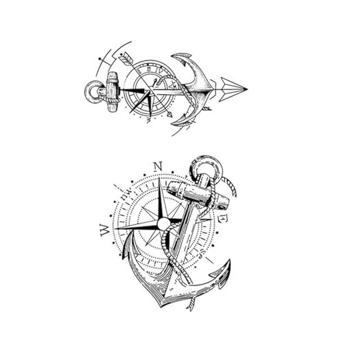 Adesivi per tatuaggi temporanei con motivo a puntatore di bussola e ancora, resistenti e impermeabili, per una o due settimane, finti tatuaggi simulati sul braccio e sulla schiena(1pcs)