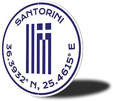 Santorini Coordinates Sign, Greece Flag Sign, Greece Decorative Aluminum Sign - 12" Circle
