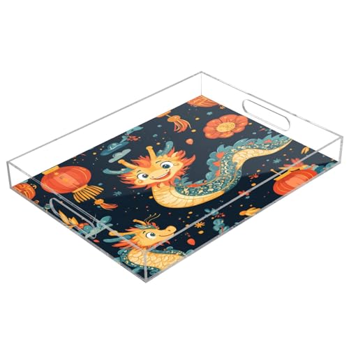 Msyxl Cute Chinese Dragon Serving Tray for Coffee Table, Decorative Acrylic Tray Cute Chinese Dragon Tray with with Handles for Breakfast, Ottoman, Countertop, 12x16 in