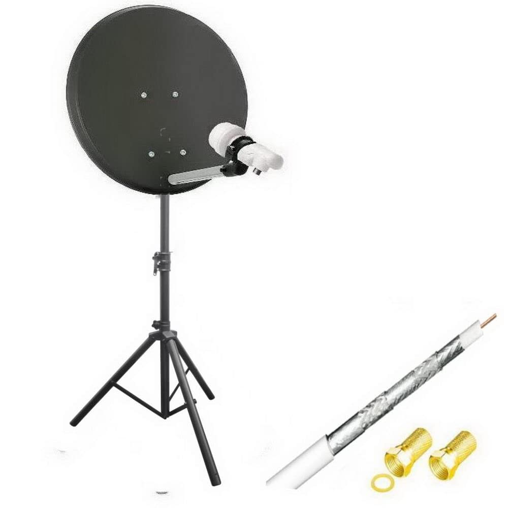 Mini chaîne satellite 42cm avec trépied 1,5m - Antenne haute performance 42cm 0,1dB - Super LNB + kit de connexion [10m câble coaxial 120dB - 2 connecteurs] - Pour voyage camping maison, 1 connexion