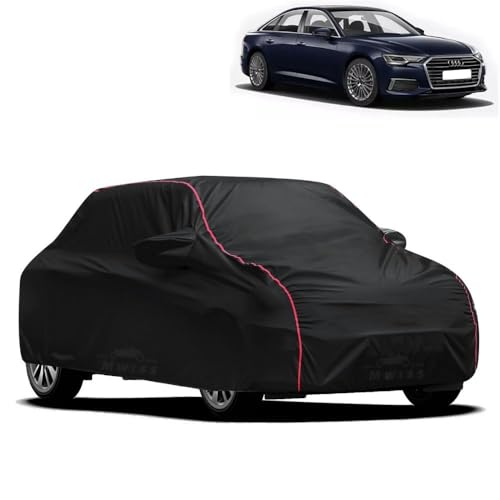 Image of Waterproof Car Cover for Audi A6 | All-Weather Protection, Dustproof & UV Resistant | Triple Stitched Mirror Pockets, Windproof Buckle Strap with Elastic Hem, Black-Red Piping