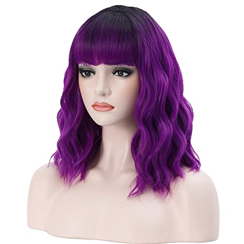 Amarlis Short Bob Wigs for Women, Ombre Purple Bob Wig with Bangs Natural Silky Soft Synthetic Fibers Colorful Wigs Hair for Cosplay Daily Party Use(Purple)