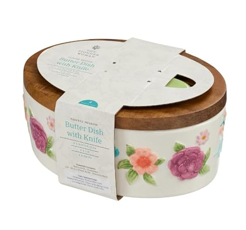 Pioneer Women Painted Meadow Butter Dish with Acacia Wood Lid and Serving Knife Great for Serving Healthy Foods.
