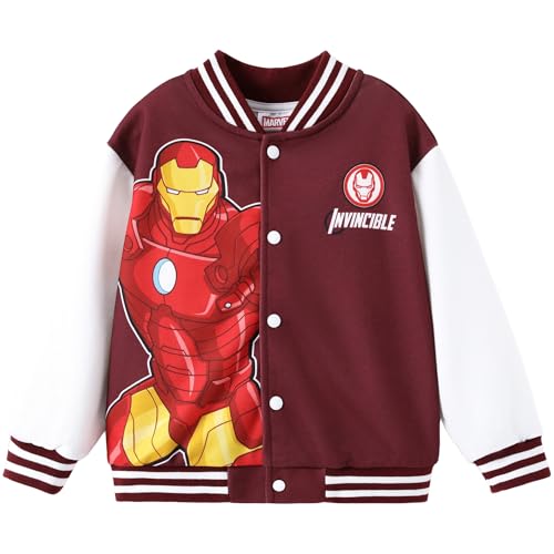 Disney Marvel Varsity Coats Little Boys Varsity Jackets Coat Superhero Bomber Jacket Iron Man Snap Button Front Cardigan Sweatshirt Burgundy Baseball Outfit Kid Clothing Sport Playwear Size 6-7 Years