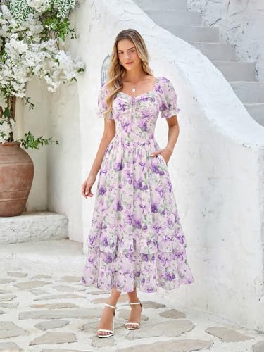 Image of Scarlet Darkness Women Floral Maxi Dress Puff Sleeve Tea Party Corset Dress | Pockets, Ruched Bust, Ruffled Hem, for Cottagecore Fairy Milkmaid Vacation