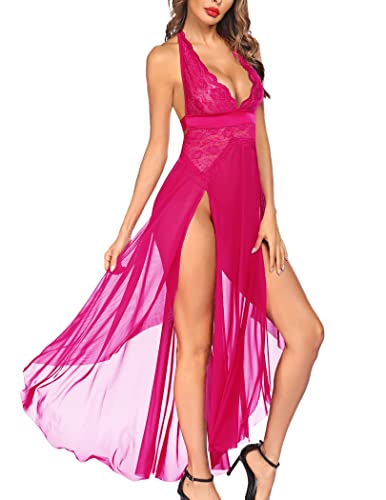 Image of SSoShHub Women Lingerie Deep V Neck Nightwear One Piece Sexy Nightgowns Mosaic Lace Mesh Dress