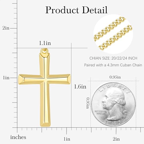Mens Cross Necklaces 14K Gold Cross Necklace for Men Gold Crosses Chain for Men Paired with 4.3mm Cuban Chain Dainty Crosses Pendant Necklace for Mens 20/22/24in2