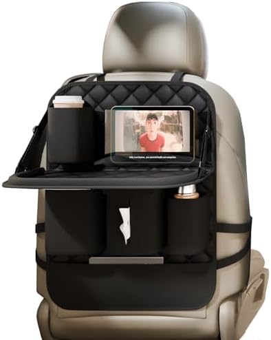 Car Seat Organizers,Multi-functional Back Seat Protectors, Storage Pouches, Child kicking prevention and Tray Holders Kick Mats Back (for Cars, Kids,and Rear Seats) (Black, 1 Pack with Food Tray)