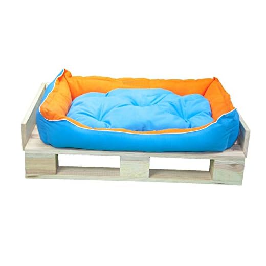 Cama para Perros, Sofá para Perros, Cesta para Perros con Cojín Extraíble/Reversible de Color Azul y Naranja + Cama Palet Europeo NUEVOS A ESTRENAR (Colchoneta + Palet, M (65x55x23.5 cm))