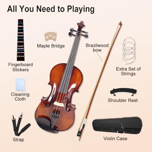 Vetimobato Handmade 4/4 Full Size Violin Set - Solid Spruce Top Flame Maple Back & Sides Ebony Fittings Complete Kit with Case Bow Shoulder Rest Strings for Beginners to Intermediate Players(4/4)