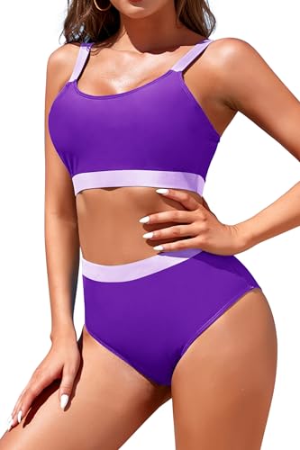 Image of Womens High Waisted Bikini Sets Sporty Crop Top Color Block Swimwear Bandeau Scoop Neck Vintage Two Piece Bathing Suits