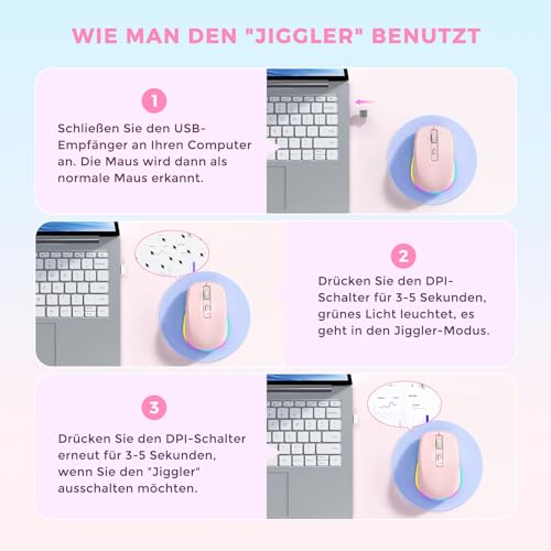 seenda Maus Kabellose mit Jiggler, Leise, Wiederaufladbare, Rosa – Ansicht 2