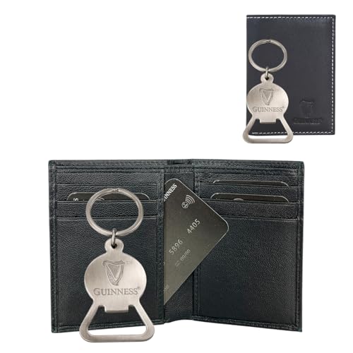 Guinness Official Leather Wallet Gift Set for Men RFID Blocking Bifold Wallet & Metal Keyring Bottle Opener Genuine Leather White Stitch Gift Box