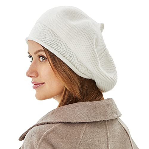 FENELY Women French Beret Hat Beanie Winter Knit Knitted Warm Wool Slouchy Paris Basque Baret Barrette Artist Cap White Classic Solid Color, Boinas de Mujer, Gifts for Ladies, White, One size