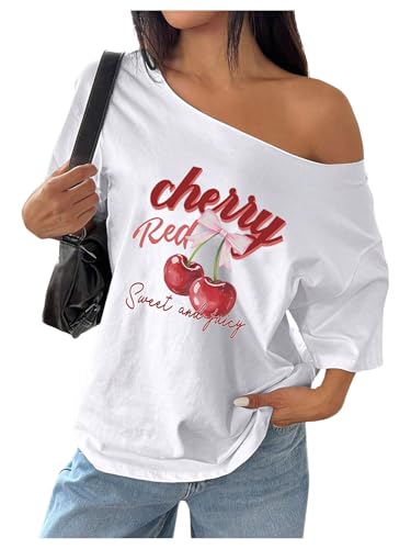 BEAUDRM Women's Plus Size Y2k Graphic Tee Shirt Cherry Bow Print Oversized Shirts Short Sleeve Off The Shoulder Tops White and Red X-Large Plus