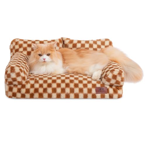 Hollypet Fluffy Dog Cat Bed Pet Couch Beds Plush Soft Warming Washable Puppy Bed for Small Medium Dogs and Large Cats, Brown and Light Yellow, 24" L x 18" W x 10" Th by Hollypet - Image 2