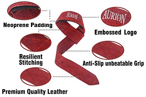 Image of Aurion Premium Long Lasting Super Weight Lifting Belt (Small, Black, Pack of 1) & Aurion Fitness 1.5 Premium Genuine Leather Lifting Adjustable Wrist Straps (Maroon)
