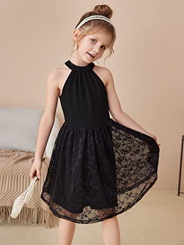 Wdirara Girl's Floral Halter Neck Sleeveless Mesh Flared Hem Summer A Line Dress Black 10Y #TOP3