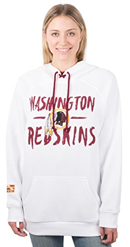 Ultra Game Women's NFL Fleece Hoodie Pullover Sweatshirt Tie Neck, Washington Redskins, White