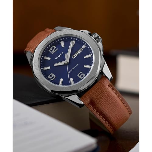 Image of TIMEX Essex Analog Watch for man with Blue Round Dial & Brown Leather Strap Band Water Resistant Men's Wrist Watches - TW2W92800UJ