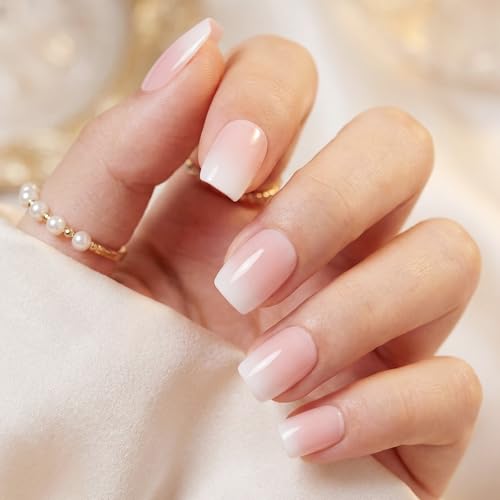 Ombre Press on Nails Short Square, Soft Gel Nude Pink Fake Nails ...