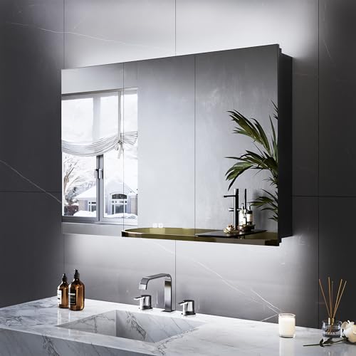 LOMIKEN Armoire de salle de bain avec miroir, éclairage, 100 x 60 x 13 cm, avec miroir, prise de...