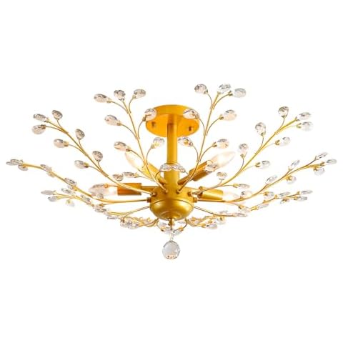 3WWWUEE Modern 5 Light Small Crystal Chandelier 30 Inch Gold Semi Flush Mount Ceiling Light Fixture for Kitchen Dining Room Bedroom Entryway Living Room Hallway, E12 Cover