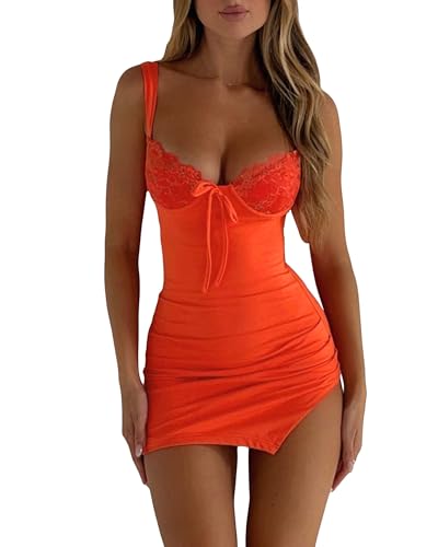 Image of Fexofao Women Lace Trim Bandage Ruched Slit Party Mini Dress Low-Cut Bodycon Satin Dress for Cocktail Nightclub Beach (Orange Red, M)