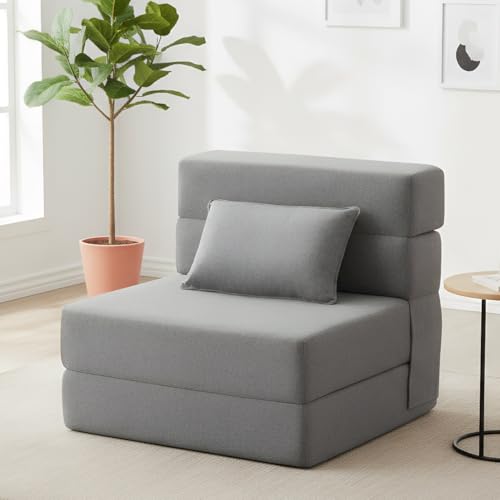 FILUXE Folding Sofa Bed | Convertible Sleeper Chair Bed for Adults, Fold Out Chair to Bed Linen Futon Chair with Pillow, for Home Dorm Apartment RV Living Room, Single Size Light Gray