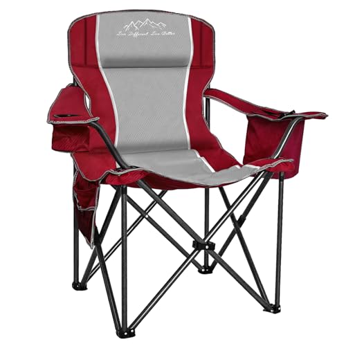 SAILARY Camping Chair Portable Folding Outdoor Chair Heavy Duty Padded Chairs Lawn Chair with Cup Holder, Storage Pocket and Cooler Bag, Supports 500 LBS, Red